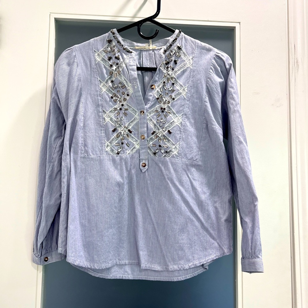 0P short tunic shirt with buttons and sparkle blue white stripes Anthropologie